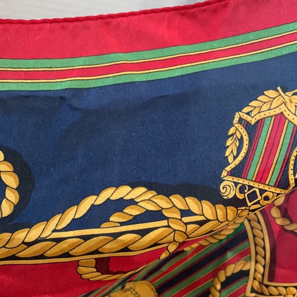 Vintage classic Ellen Tracy blue/gold/green/red Rope & Tassel Silk Scarf 33”x33” - Picture 9 of 10